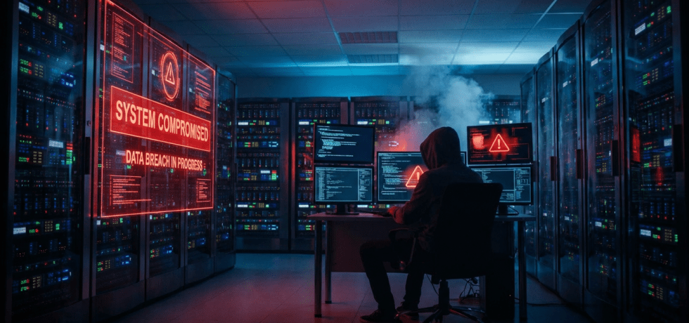 Hooded hacker in server room with text: SYSTEM COMPROMISED DATA BREACH IN PROGRESS.