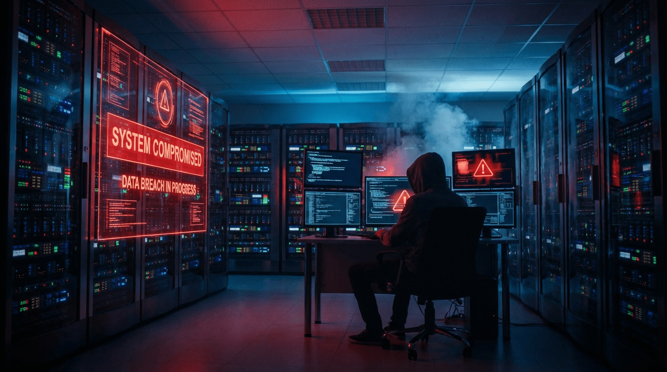 Hooded hacker in server room with text: SYSTEM COMPROMISED DATA BREACH IN PROGRESS.