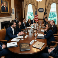 Group of senior officials and Vice President Kamala Harris seated around a conference table in the White House during a meeting