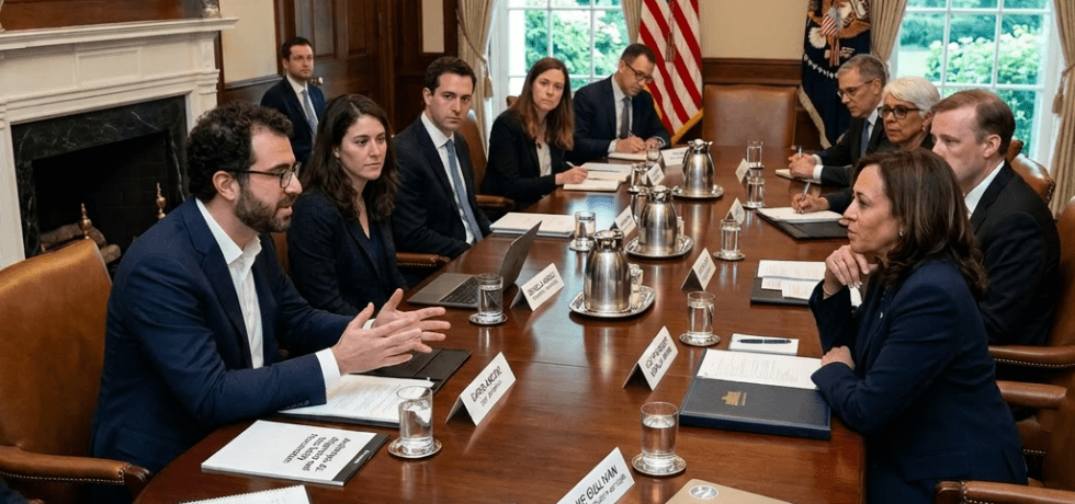 Group of senior officials and Vice President Kamala Harris seated around a conference table in the White House during a meeting