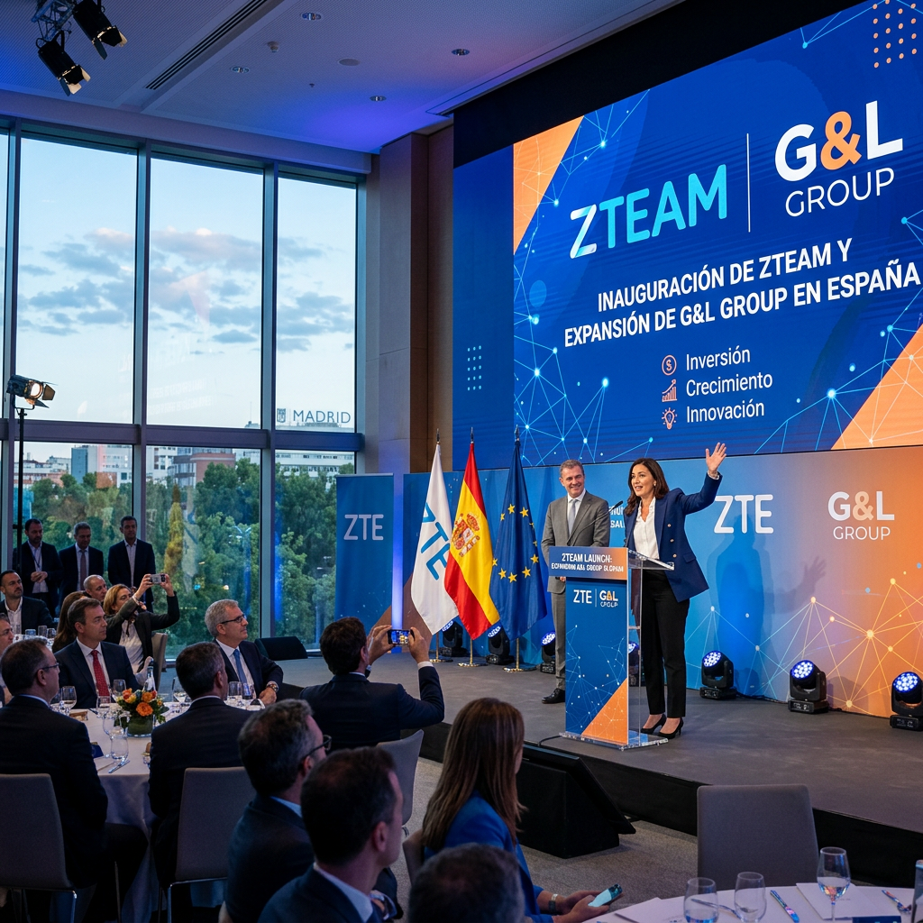 Speakers at podium during ZTEAM and G&L Group expansion event with flags and audience