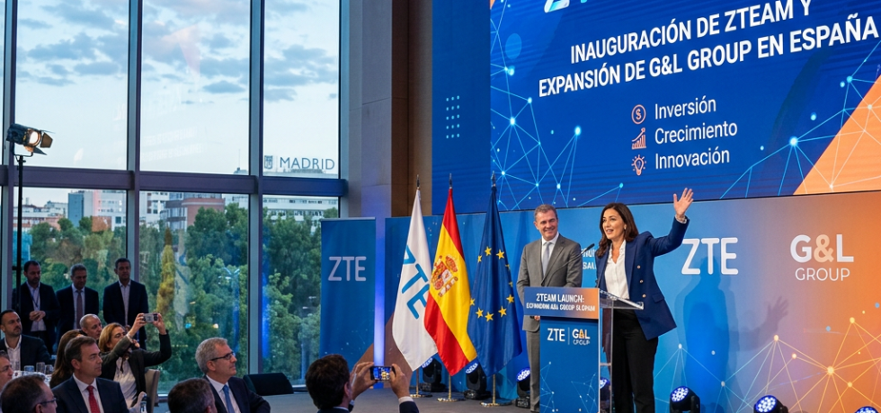 Speakers at podium during ZTEAM and G&L Group expansion event with flags and audience