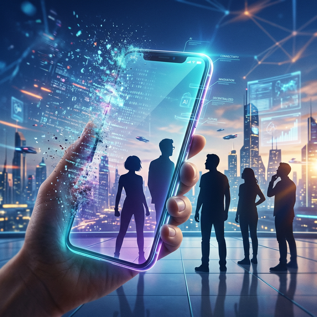 Silhouettes of people against a futuristic city background with a glowing smartphone showcasing AI and connectivity terms