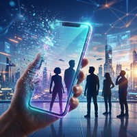 Silhouettes of people against a futuristic city background with a glowing smartphone showcasing AI and connectivity terms