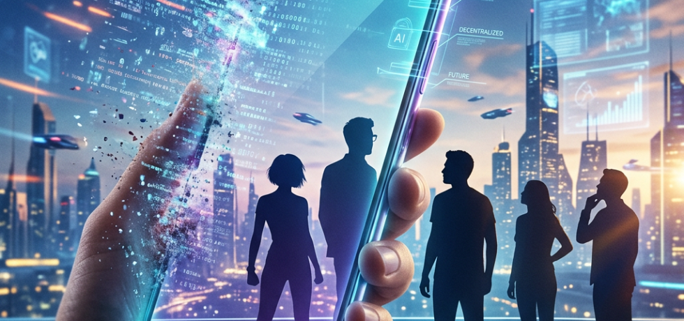 Silhouettes of people against a futuristic city background with a glowing smartphone showcasing AI and connectivity terms