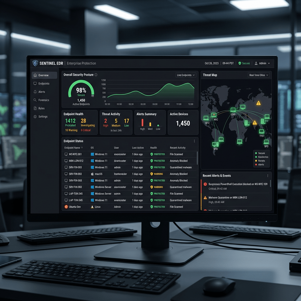 Cybersecurity dashboard showing endpoint health, threat activity, and global threat map