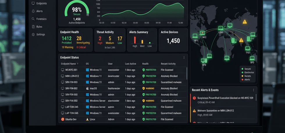 Cybersecurity dashboard showing endpoint health, threat activity, and global threat map