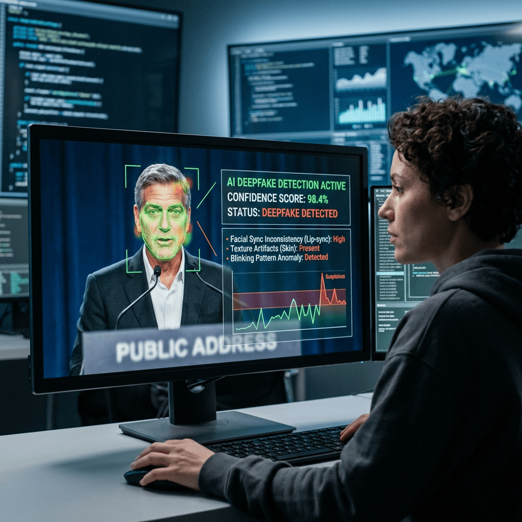 Computer screen showing AI detection of deepfake with confidence score and anomalies highlighted