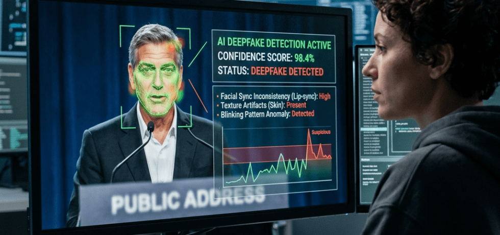 Computer screen showing AI detection of deepfake with confidence score and anomalies highlighted