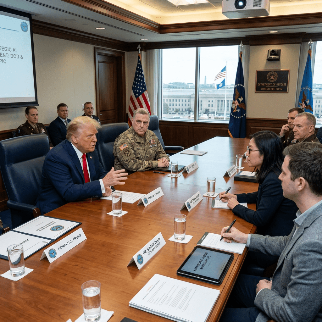 Donald Trump speaking at a conference table with military officials and advisors in a meeting room