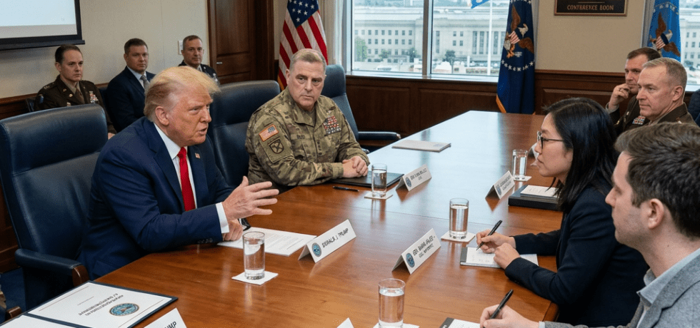 Donald Trump speaking at a conference table with military officials and advisors in a meeting room