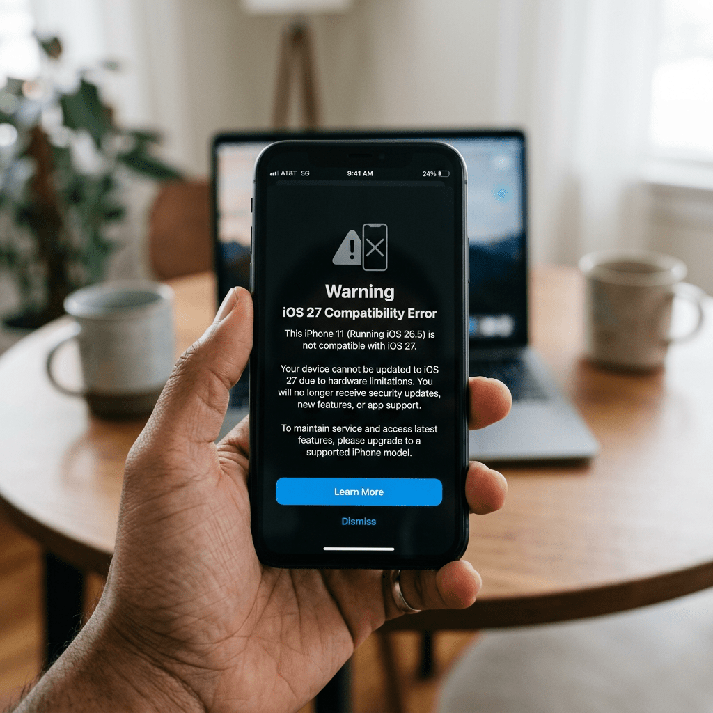 iPhone showing iOS 27 Compatibility Error warning about unsupported device