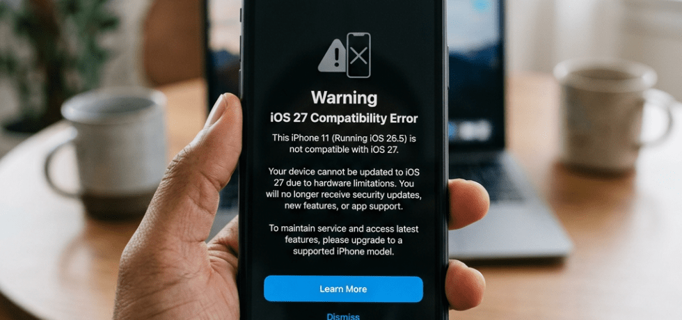 iPhone showing iOS 27 Compatibility Error warning about unsupported device