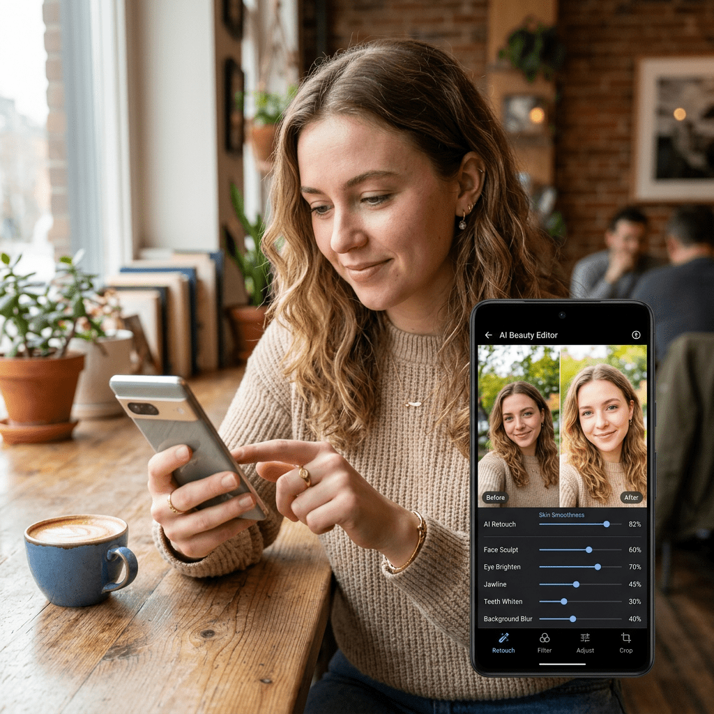 Woman using AI beauty editor app on smartphone showing before and after portrait photos