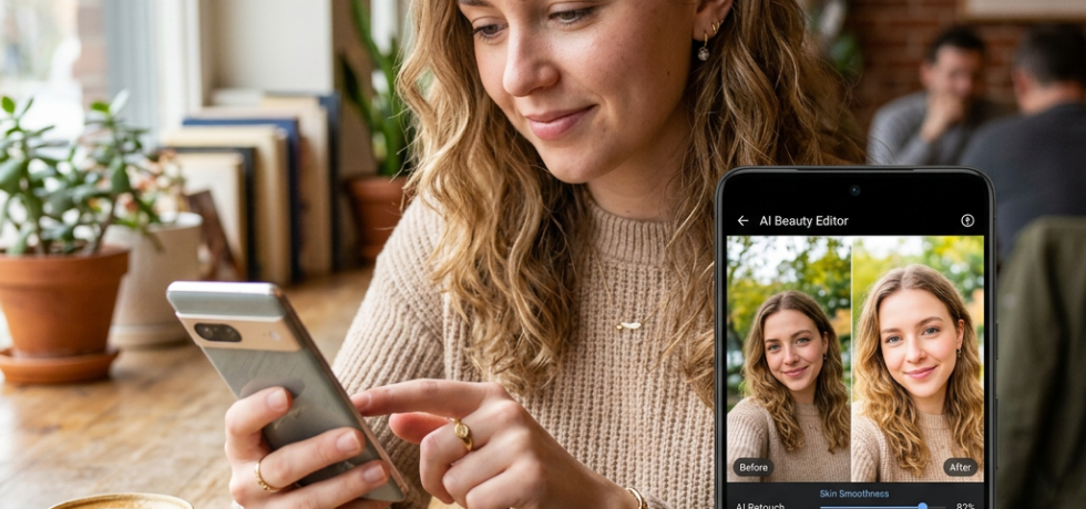 Woman using AI beauty editor app on smartphone showing before and after portrait photos