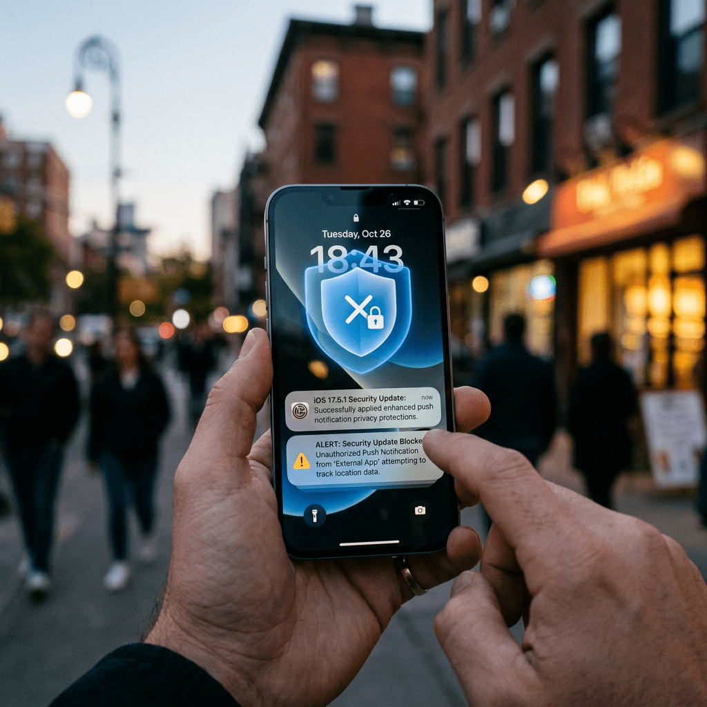 Smartphone screen showing security update and alert notifications on lock screen