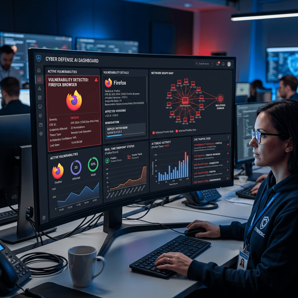 Cybersecurity AI dashboard showing Firefox browser vulnerability detection and network threat mapping