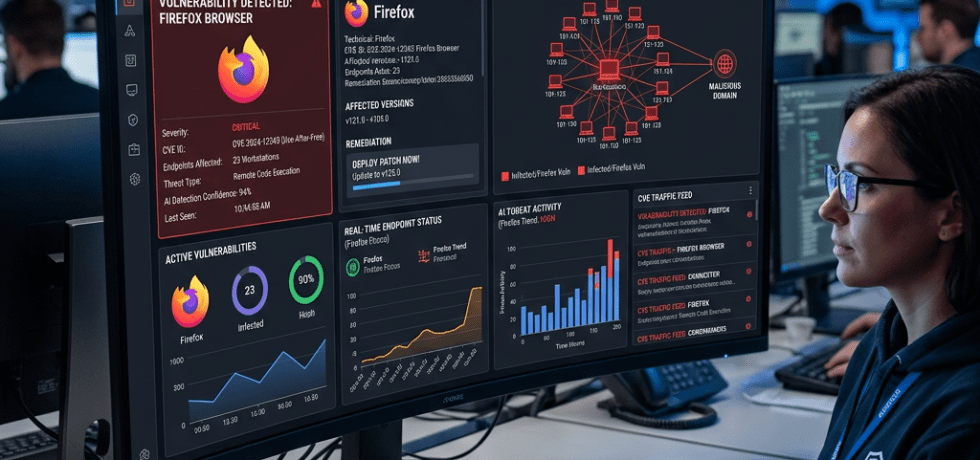 Cybersecurity AI dashboard showing Firefox browser vulnerability detection and network threat mapping