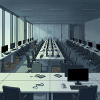 Empty Meta office with multiple computer desks, monitors, chairs, and boxed items