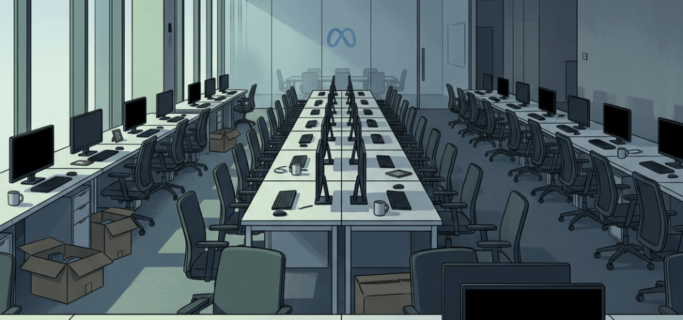 Empty Meta office with multiple computer desks, monitors, chairs, and boxed items