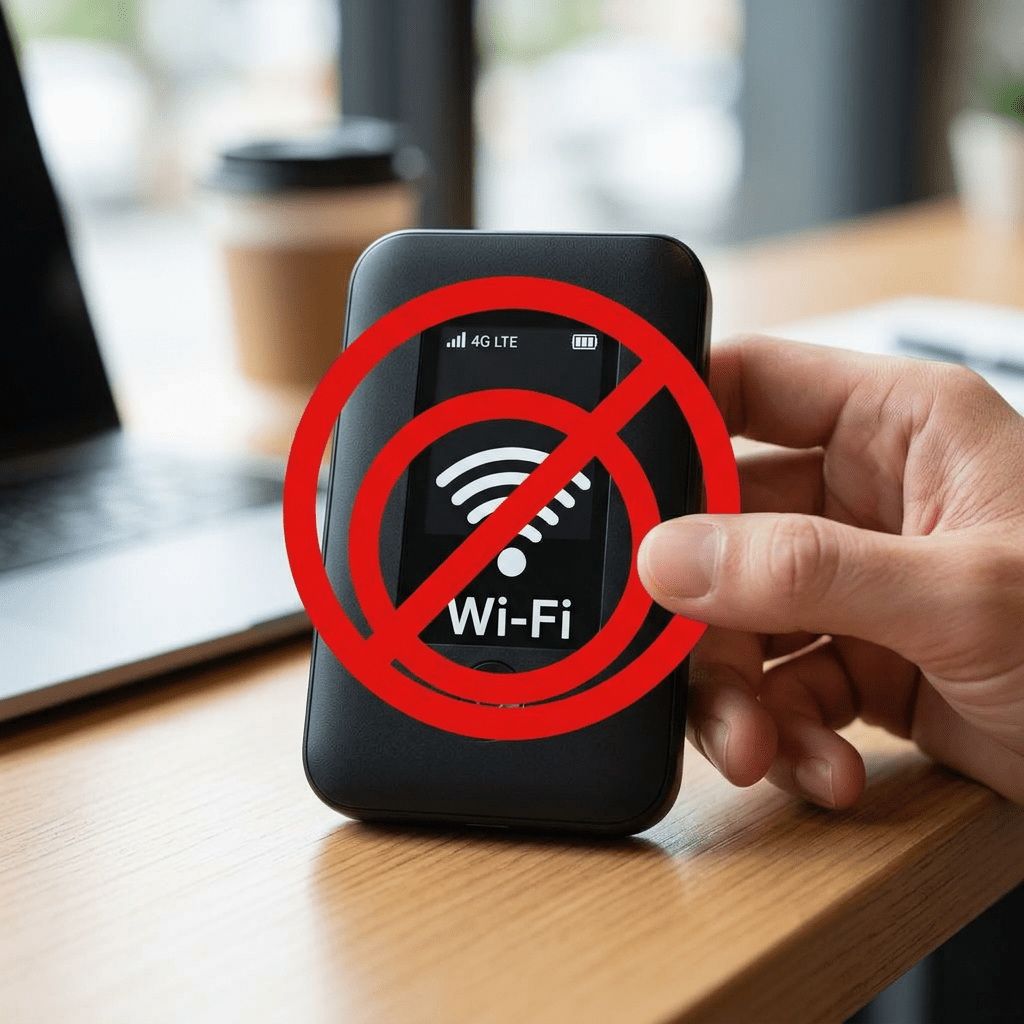 Portable 4G LTE hotspot showing Wi-Fi symbol with a red prohibition sign