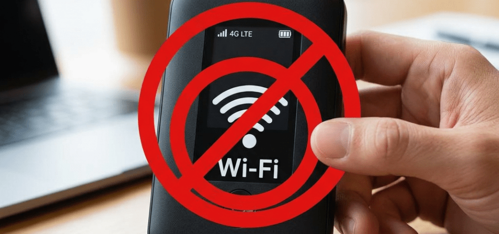 Portable 4G LTE hotspot showing Wi-Fi symbol with a red prohibition sign