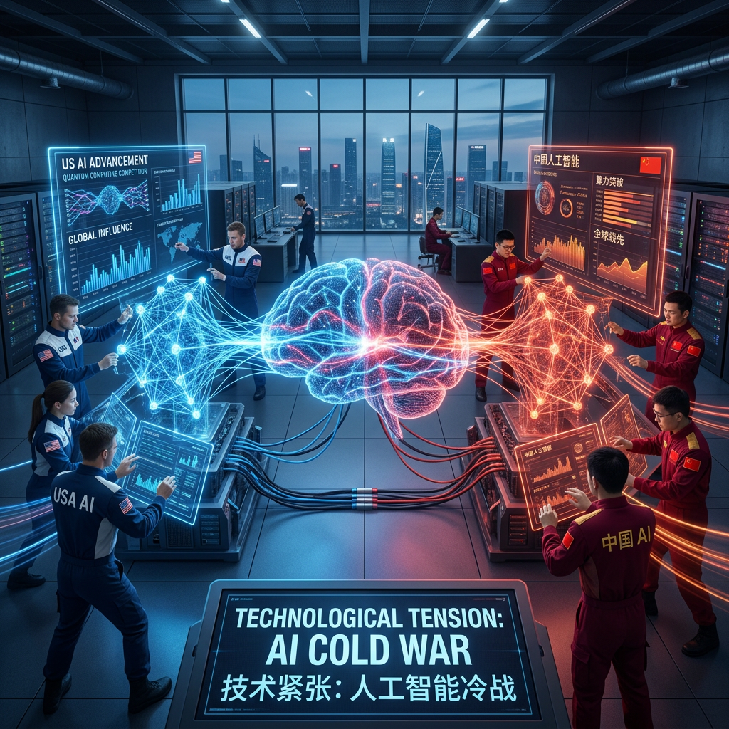 US and China AI teams interacting with digital neural network and data displays showing AI advancement and competition