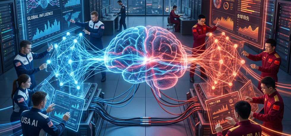 US and China AI teams interacting with digital neural network and data displays showing AI advancement and competition