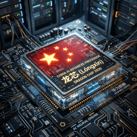 Futuristic AI processor chip labeled Dragon Chip 2030 with Chinese flag on circuit board