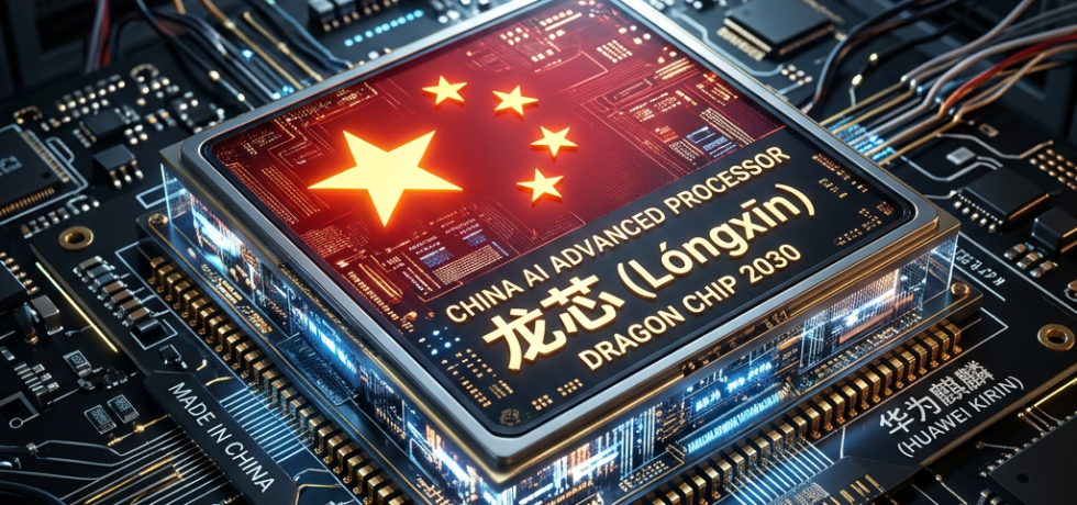 Futuristic AI processor chip labeled Dragon Chip 2030 with Chinese flag on circuit board