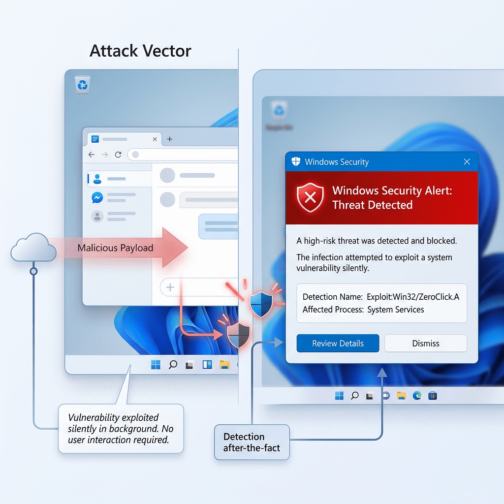 Windows Security alert for a high-risk threat detected exploiting a system vulnerability silently