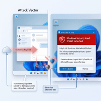 Windows Security alert for a high-risk threat detected exploiting a system vulnerability silently