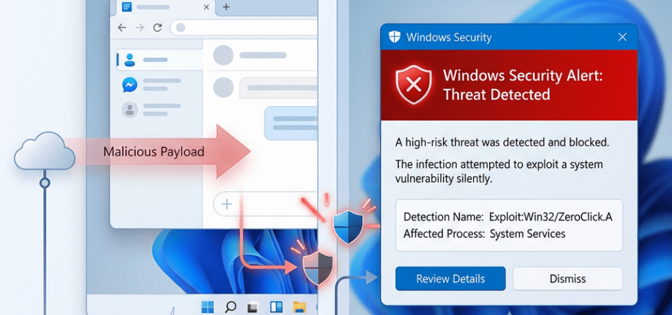 Windows Security alert for a high-risk threat detected exploiting a system vulnerability silently