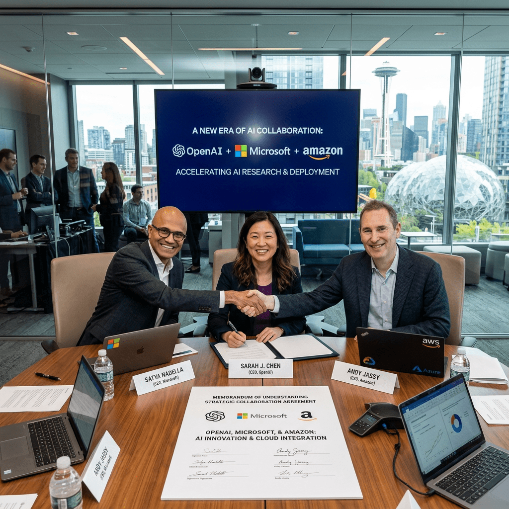 Executives from OpenAI, Microsoft, and Amazon shaking hands signing AI collaboration agreement