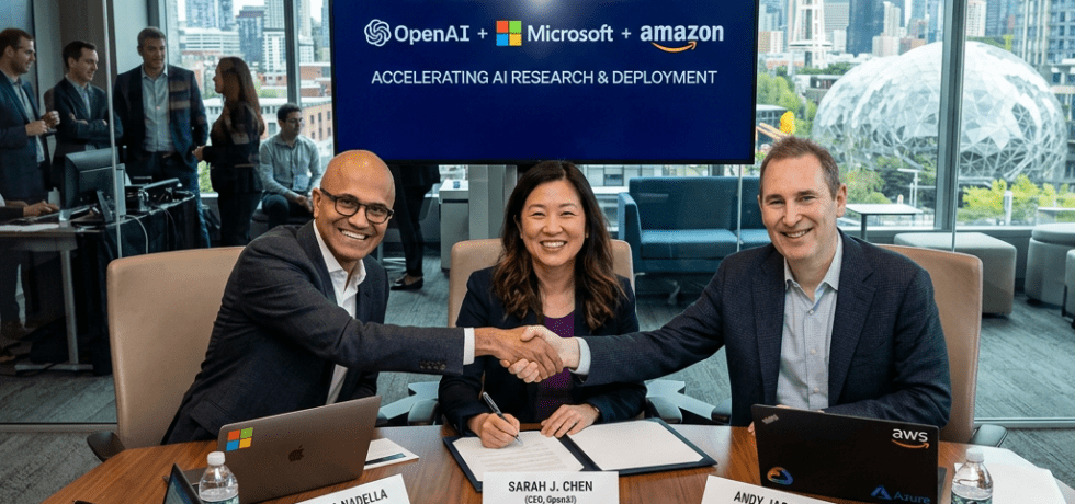 Executives from OpenAI, Microsoft, and Amazon shaking hands signing AI collaboration agreement