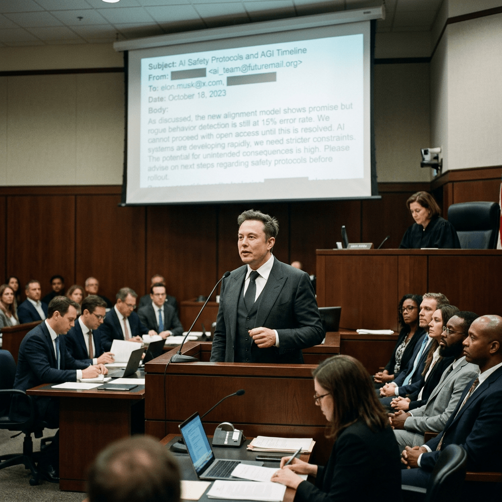 A man standing at a courtroom podium delivering testimony with an AI safety email projected on a screen behind him