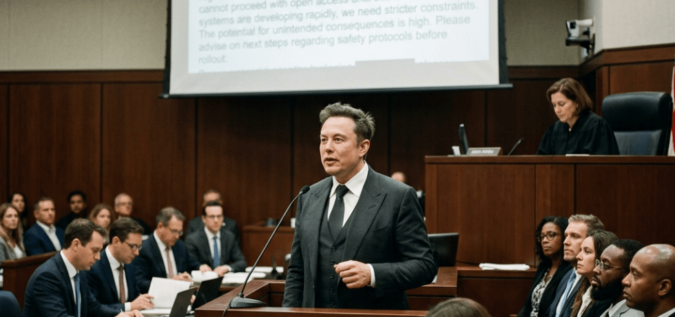 A man standing at a courtroom podium delivering testimony with an AI safety email projected on a screen behind him