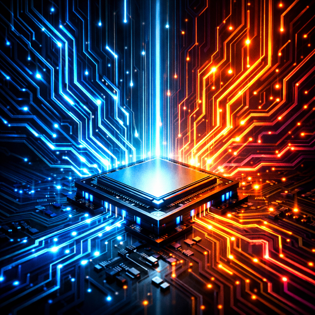 Microchip with glowing blue and orange circuitry lines representing data flow