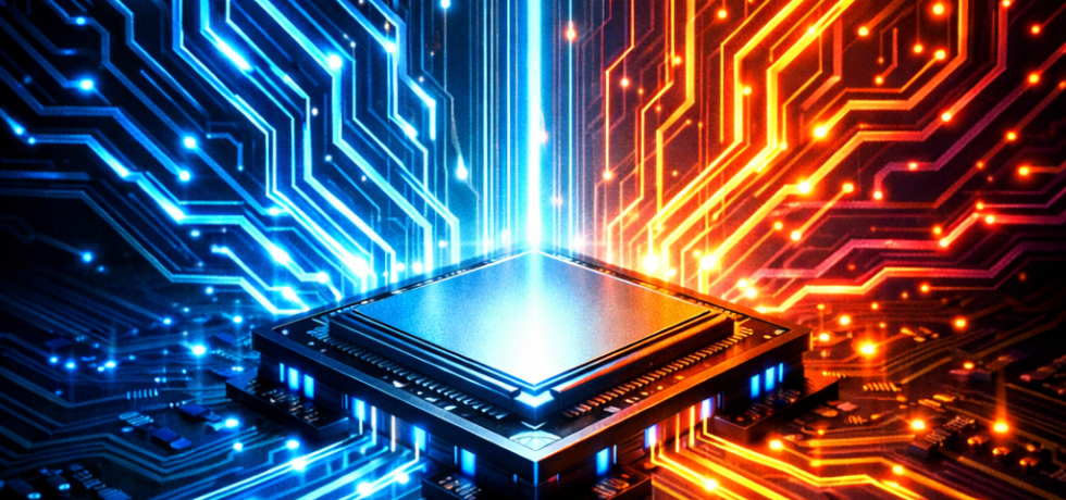 Microchip with glowing blue and orange circuitry lines representing data flow