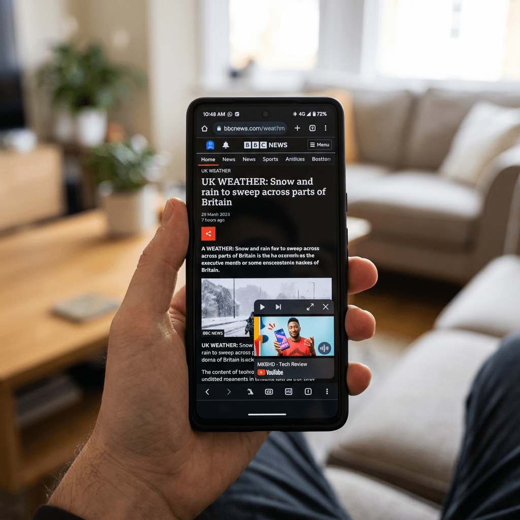 Smartphone displaying BBC News article about UK weather with snow and rain forecast