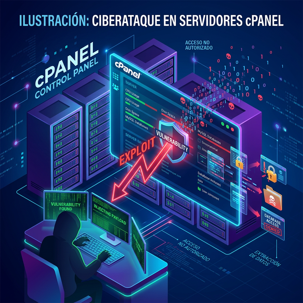 Hacker exploiting vulnerabilities in a cPanel server leading to unauthorized database access and data extraction