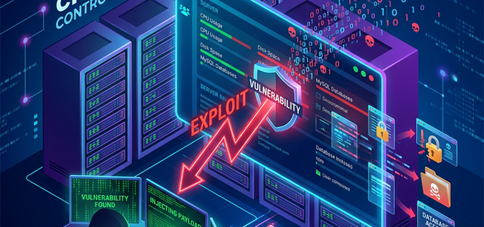Hacker exploiting vulnerabilities in a cPanel server leading to unauthorized database access and data extraction