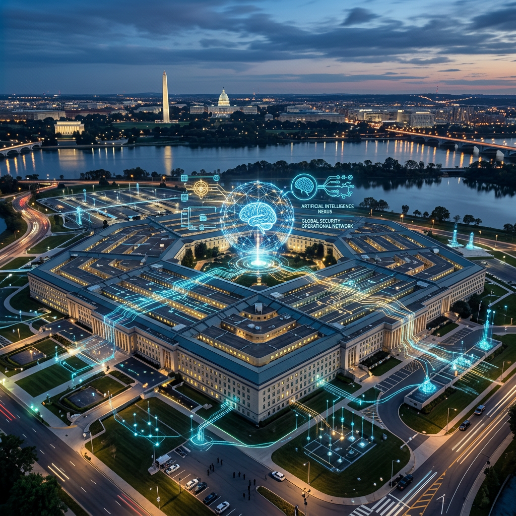 The Pentagon with digital overlays representing an artificial intelligence and global security network.