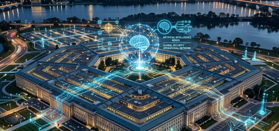 The Pentagon with digital overlays representing an artificial intelligence and global security network.