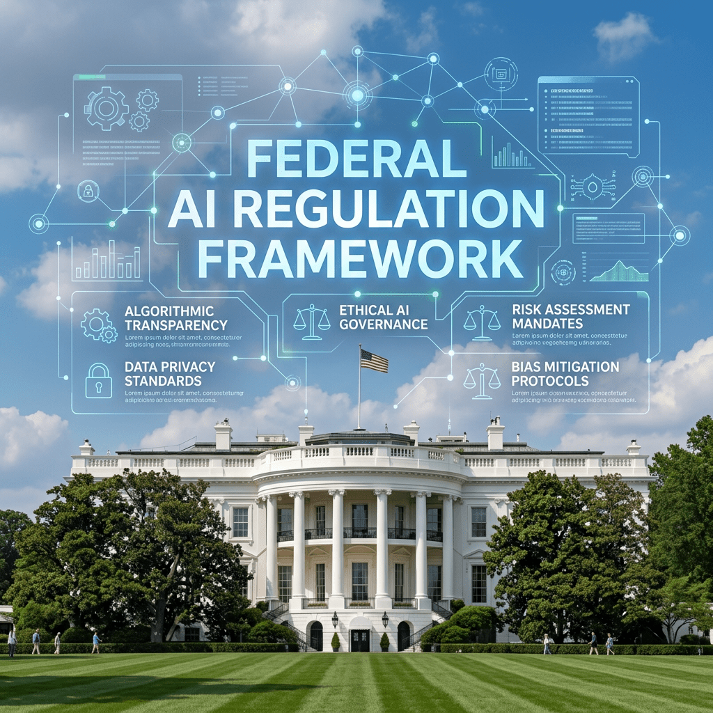 Federal AI Regulation Framework highlighting algorithmic transparency, data privacy standards, ethical AI governance, risk assessment mandates, and bias mitigation protocols.