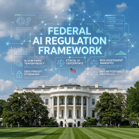 Federal AI Regulation Framework highlighting algorithmic transparency, data privacy standards, ethical AI governance, risk assessment mandates, and bias mitigation protocols.
