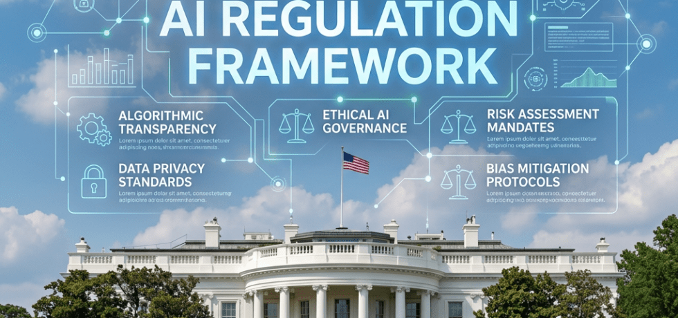 Federal AI Regulation Framework highlighting algorithmic transparency, data privacy standards, ethical AI governance, risk assessment mandates, and bias mitigation protocols.