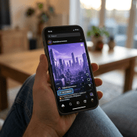 Hand holding smartphone displaying social media post with AI-created futuristic cityscape artwork