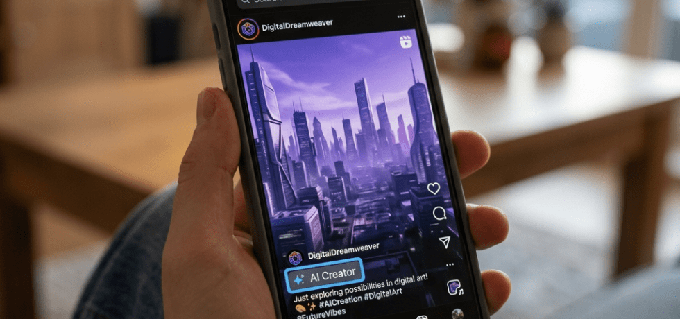 Hand holding smartphone displaying social media post with AI-created futuristic cityscape artwork