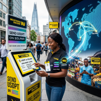 Woman sending USDP cryptocurrency at Western Union kiosk using Solana blockchain